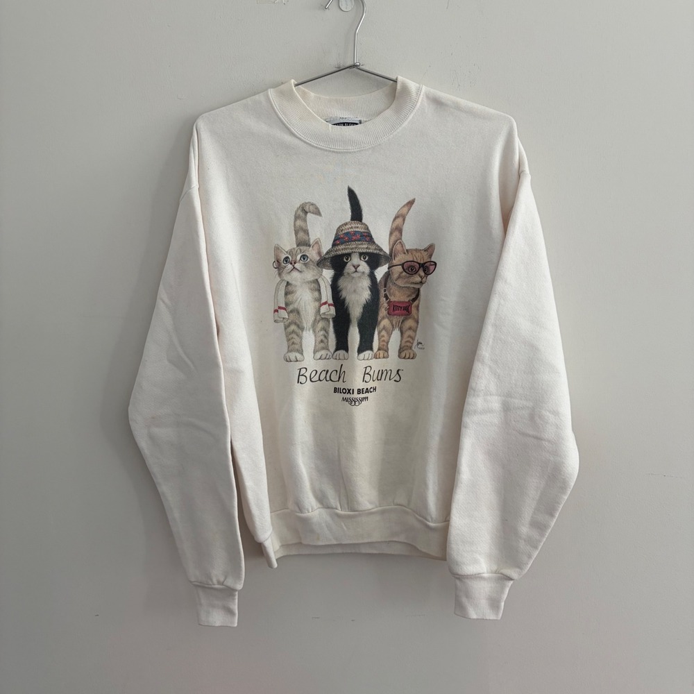 Vintage Lee Beach Bums Biloxi Beach Mississippi Cat Sweatshirt Cream Medium